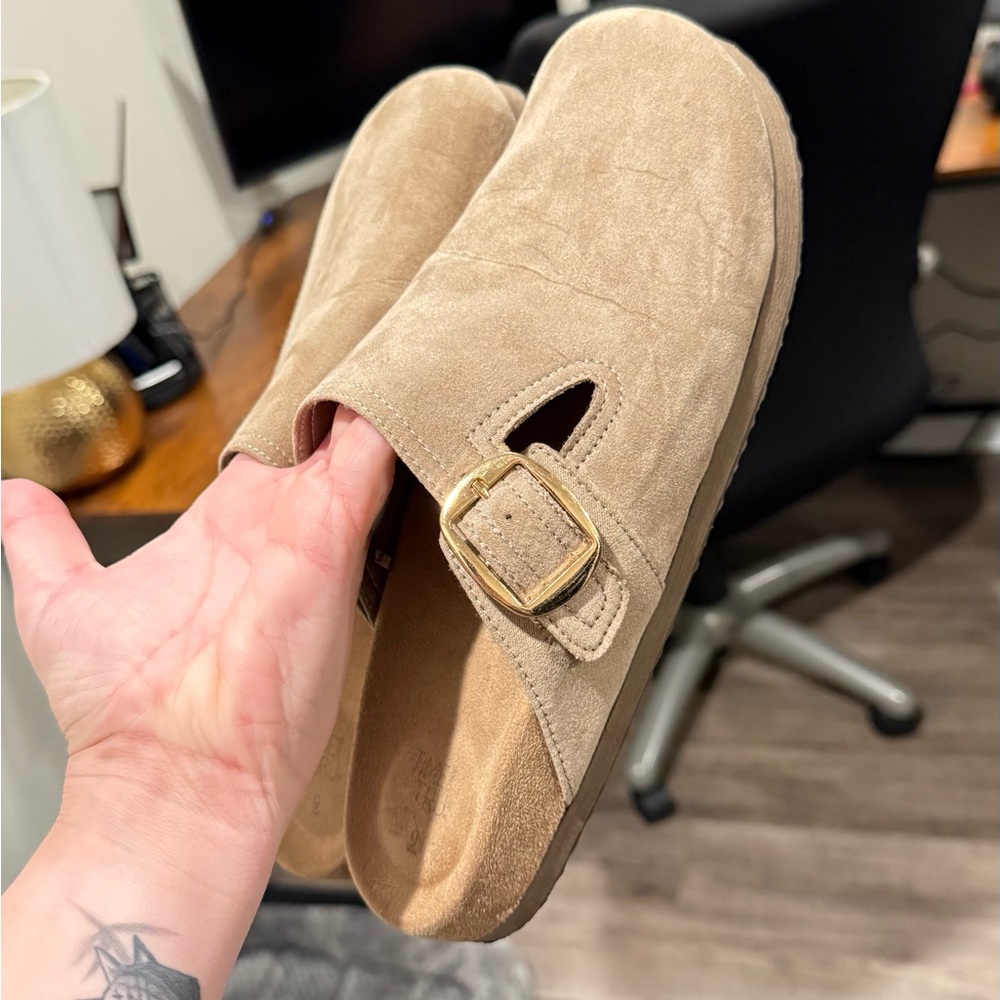 Time and Tru Women's Tan Suede Loafers with Gold Buckle